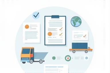 Iconographic representing legal documents and compliance checks for international freight